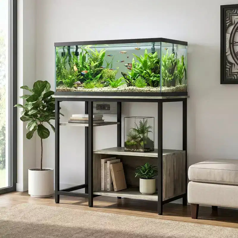 Meuble d'aquarium robuste pour aquarium de 150 à 190 litres, étagères de rangement à 4 niveaux en métal et bois avec prises de courant, organisateur solide pour poissons et tortues