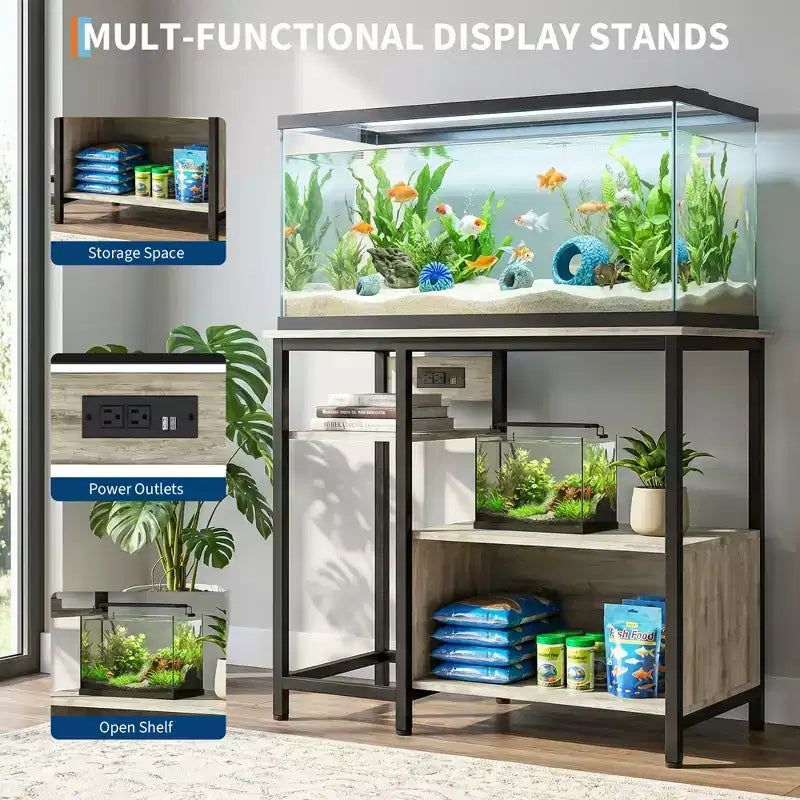 Meuble d'aquarium robuste pour aquarium de 150 à 190 litres, étagères de rangement à 4 niveaux en métal et bois avec prises de courant, organisateur solide pour poissons et tortues