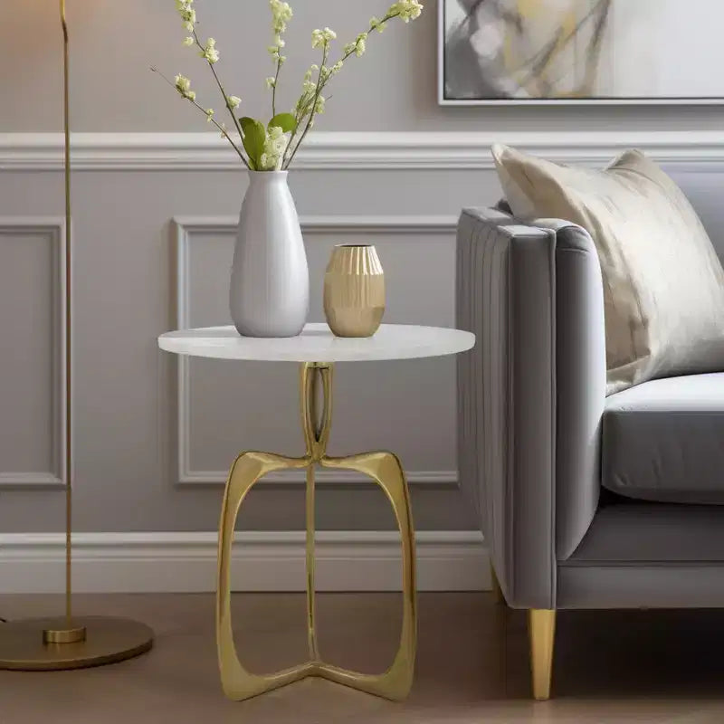 Chic End Table, Side Table, or Small Night Stand for Room Decor - Metal Table with Marble Top and Artistic Frame for Small Spaces - 22 White & Gold