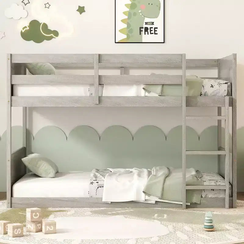 Lit superposé jumeau sur jumeau et sommier avec tête de lit, pied de lit et barrières de sécurité à panneaux