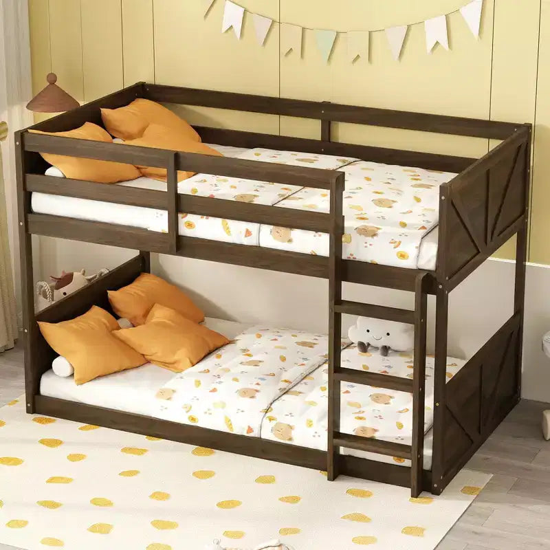 Whisen Twin over Twin Floor Bunk Bed & Bed Frame with Panelled Headboard, Footboard, Safety Guardrails