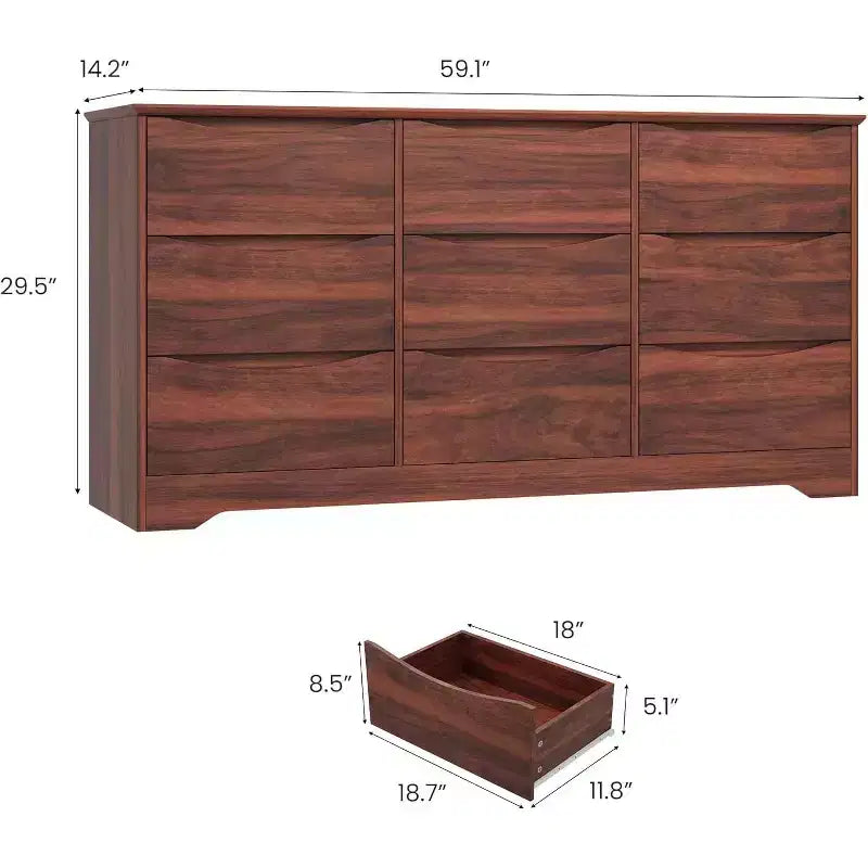 Commode de chambre à 9 tiroirs de 59 po de large avec motif ondulé, meuble TV de rangement en bois pour salon, couloir