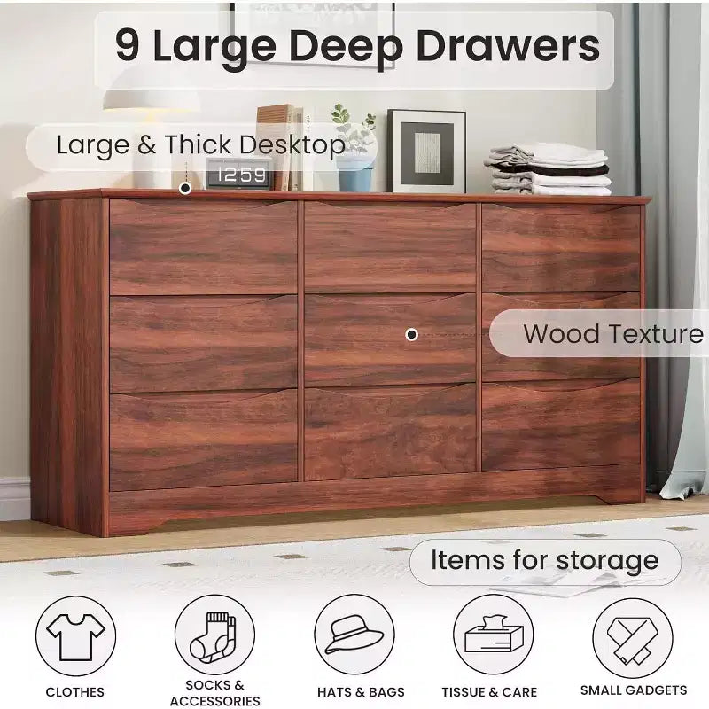 Commode de chambre à 9 tiroirs de 59 po de large avec motif ondulé, meuble TV de rangement en bois pour salon, couloir