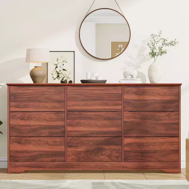 Commode de chambre à 9 tiroirs de 59 po de large avec motif ondulé, meuble TV de rangement en bois pour salon, couloir