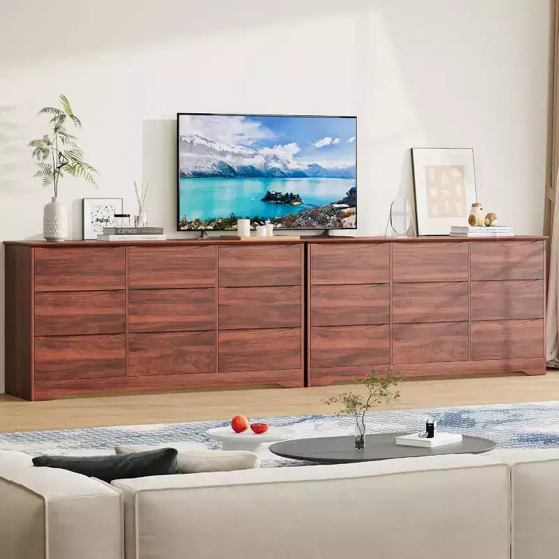 Commode de chambre à 9 tiroirs de 59 po de large avec motif ondulé, meuble TV de rangement en bois pour salon, couloir
