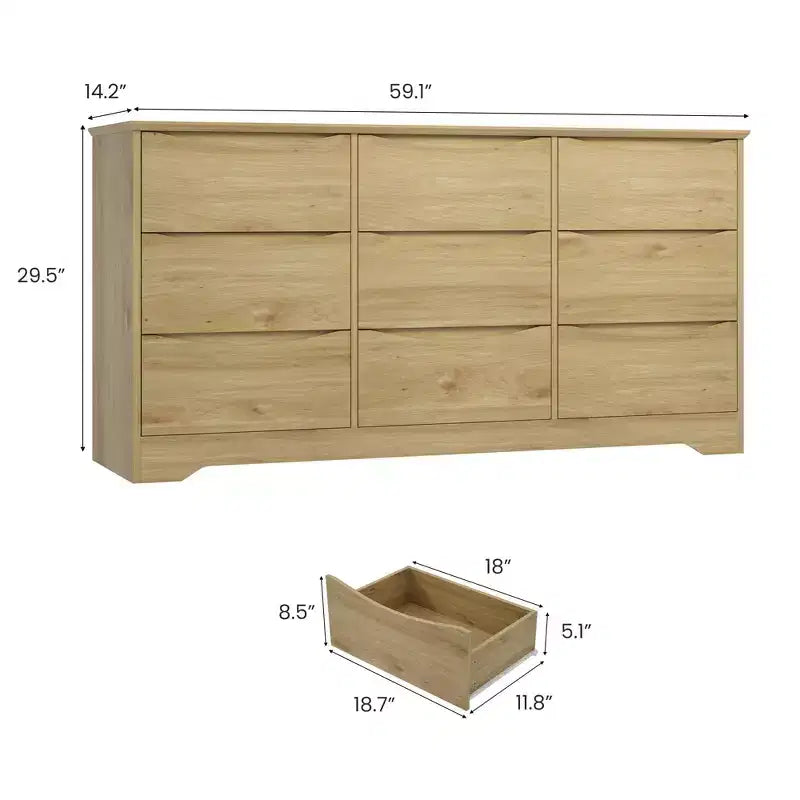Commode de chambre à 9 tiroirs de 59 po de large avec motif ondulé, meuble TV de rangement en bois pour salon, couloir
