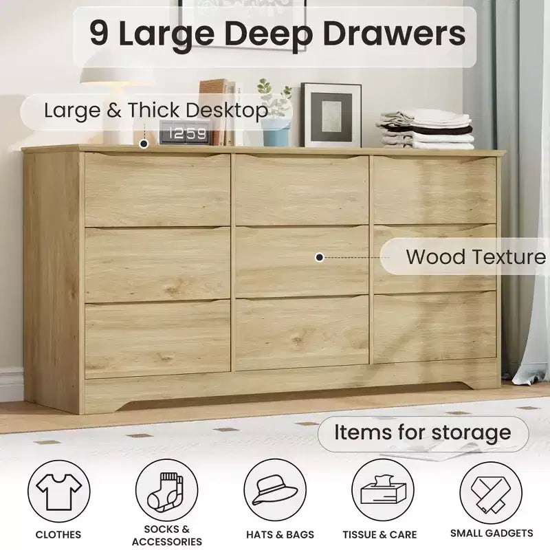 Commode de chambre à 9 tiroirs de 59 po de large avec motif ondulé, meuble TV de rangement en bois pour salon, couloir