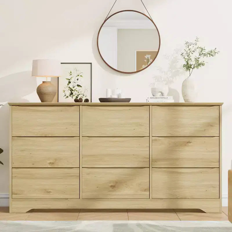 Commode de chambre à 9 tiroirs de 59 po de large avec motif ondulé, meuble TV de rangement en bois pour salon, couloir