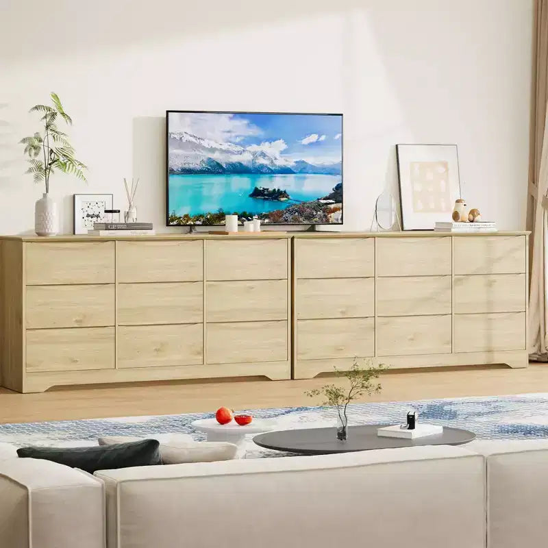 Commode de chambre à 9 tiroirs de 59 po de large avec motif ondulé, meuble TV de rangement en bois pour salon, couloir
