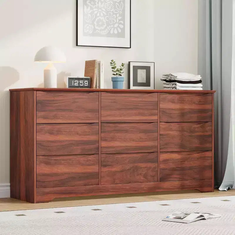 Commode de chambre à 9 tiroirs de 59 po de large avec motif ondulé, meuble TV de rangement en bois pour salon, couloir