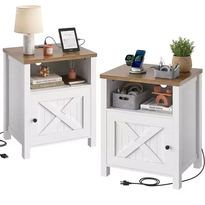 2 PCS Nightstand with Charging Station, Farmhouse Bedside Table with Open Shelf, Enclosed Cabinet, USB Port and AC Outlet, Bedside table with storage