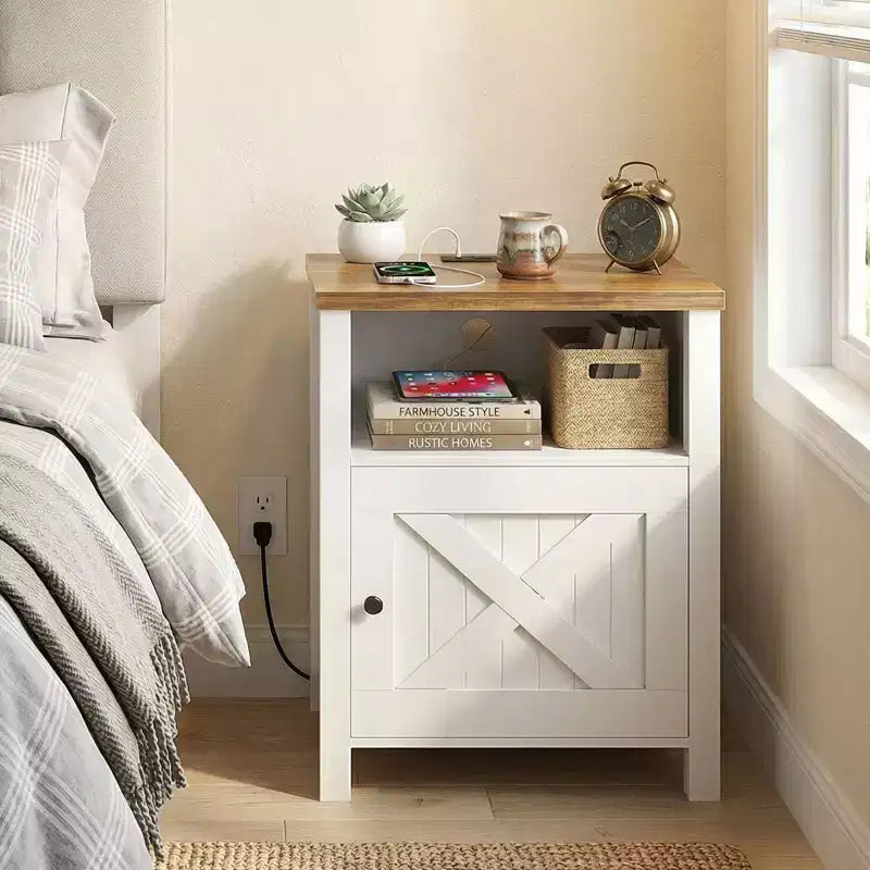Table de chevet avec station de recharge, Table de chevet de style rustique avec étagère ouverte, Armoire fermée, Port USB et prise de courant, Table de chevet avec rangement