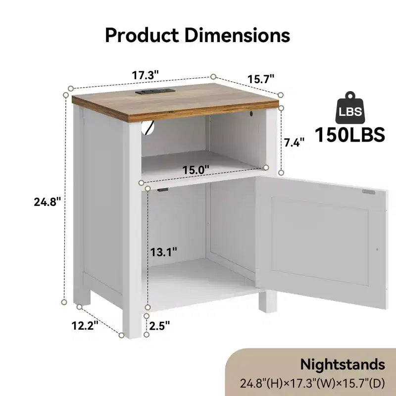 Table de chevet avec station de recharge, Table de chevet de style rustique avec étagère ouverte, Armoire fermée, Port USB et prise de courant, Table de chevet avec rangement