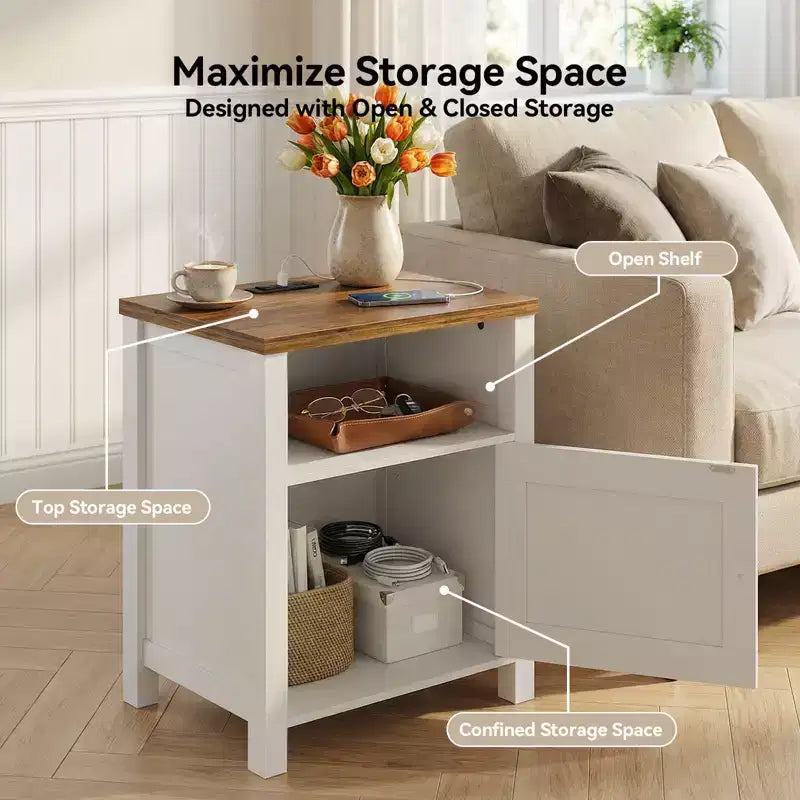 Table de chevet avec station de recharge, Table de chevet de style rustique avec étagère ouverte, Armoire fermée, Port USB et prise de courant, Table de chevet avec rangement