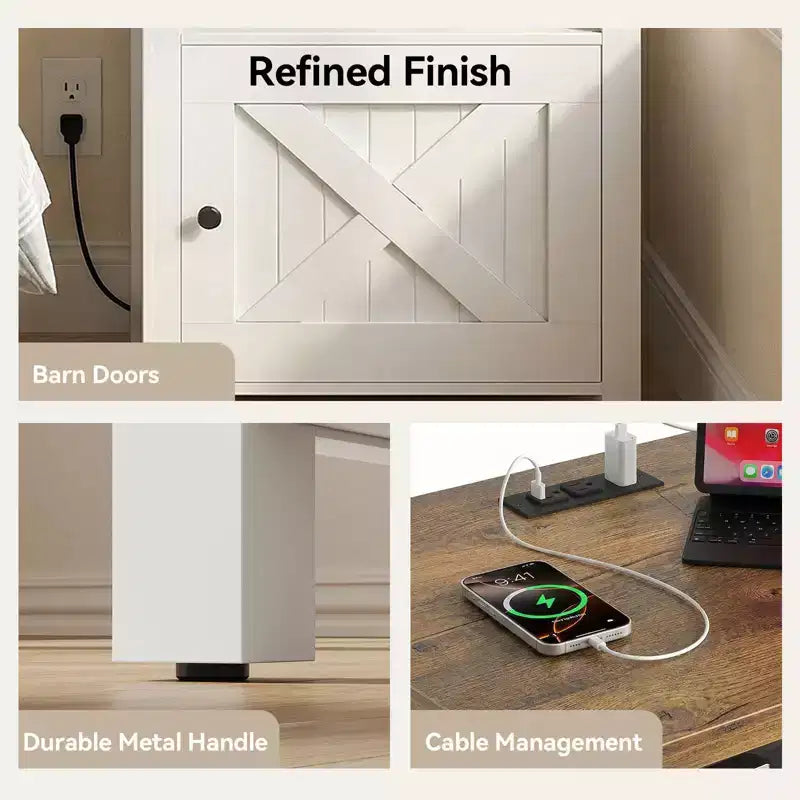 Table de chevet avec station de recharge, Table de chevet de style rustique avec étagère ouverte, Armoire fermée, Port USB et prise de courant, Table de chevet avec rangement