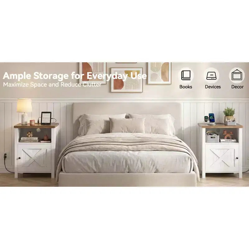 Table de chevet avec station de recharge, Table de chevet de style rustique avec étagère ouverte, Armoire fermée, Port USB et prise de courant, Table de chevet avec rangement