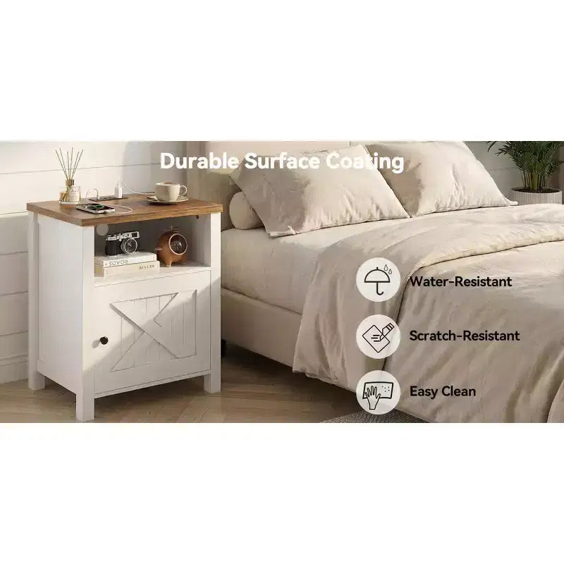 Table de chevet avec station de recharge, Table de chevet de style rustique avec étagère ouverte, Armoire fermée, Port USB et prise de courant, Table de chevet avec rangement