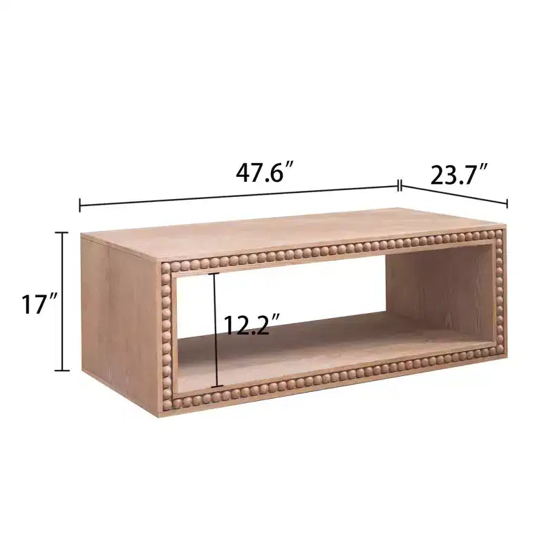 Table basse rectangulaire de 120,9 cm avec bordure perlée et étagère de rangement ouverte