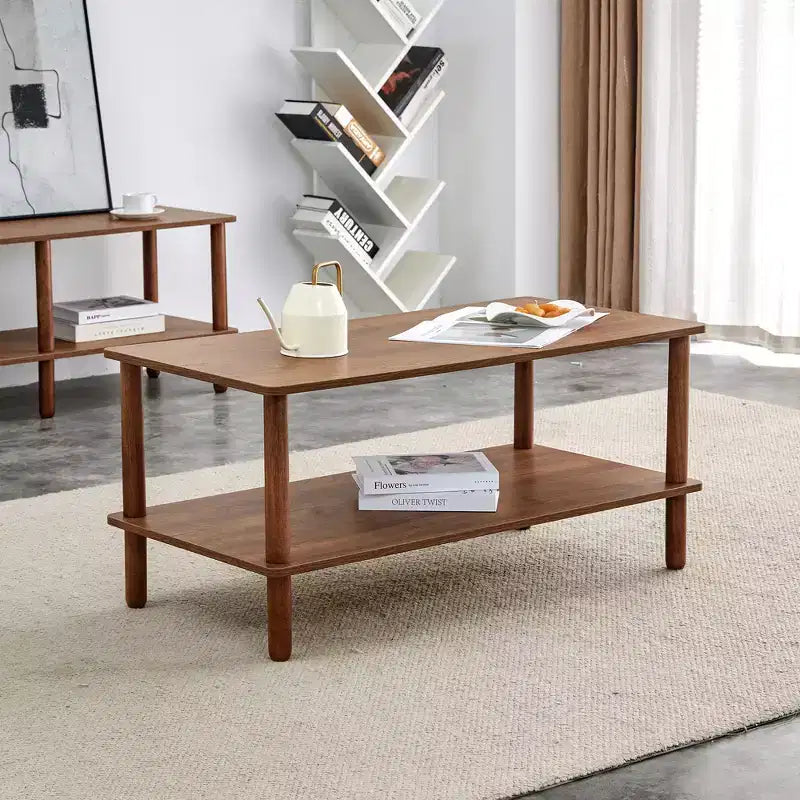 Fun little toys brand Modern 2-Tier Coffee Table for Living Room Furniture,Rectangular Center Table with Open Storage Shelf,Rounded Rubberwood