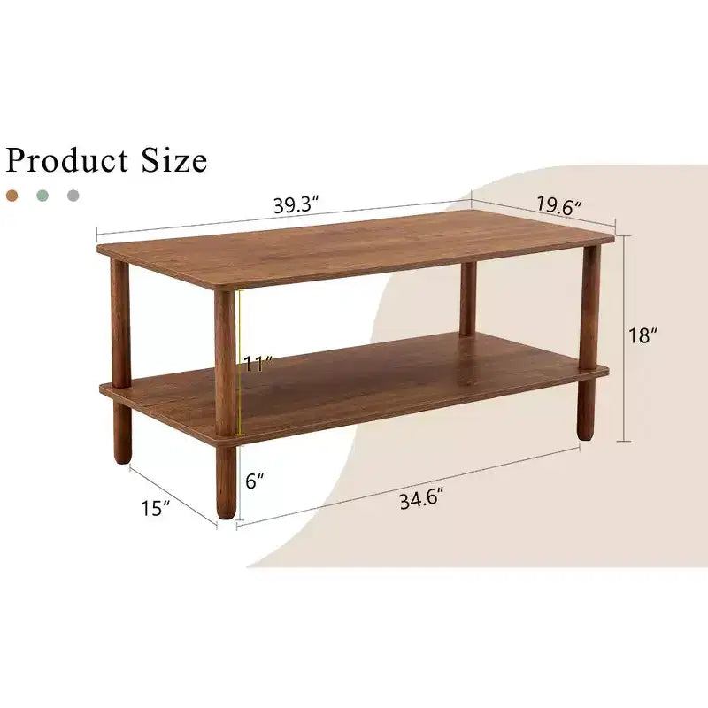 Table basse moderne à 2 niveaux pour salon, table basse rectangulaire avec étagère de rangement ouverte, en bois d'hévéa arrondi.