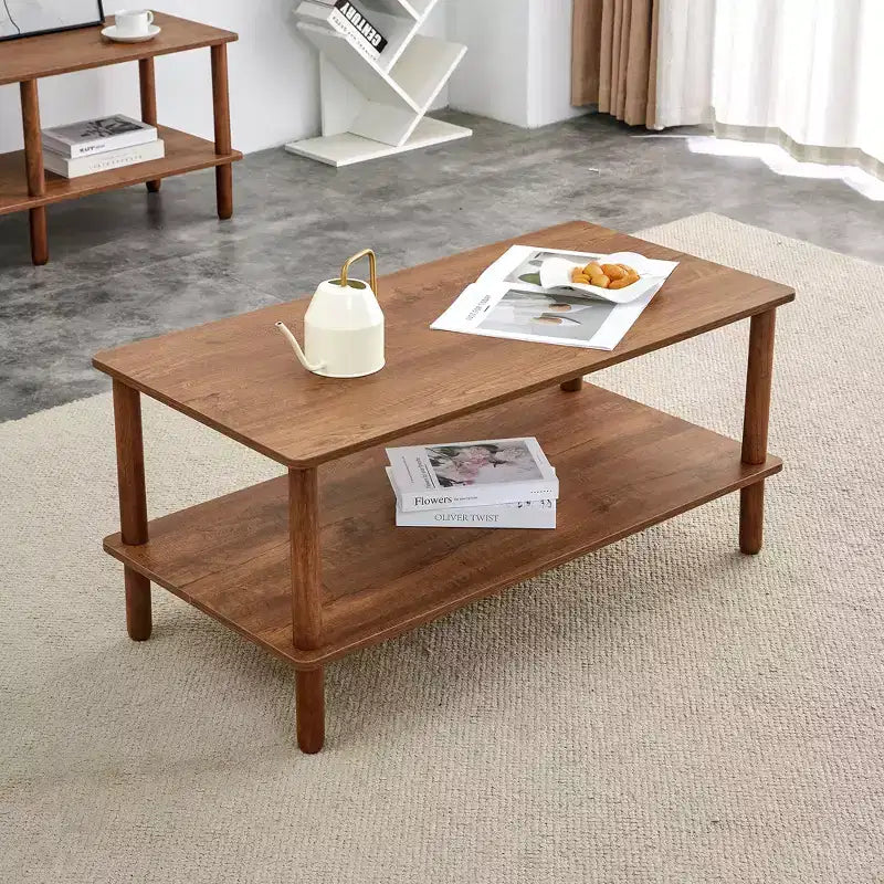 Table basse moderne à 2 niveaux pour salon, table basse rectangulaire avec étagère de rangement ouverte, en bois d'hévéa arrondi.
