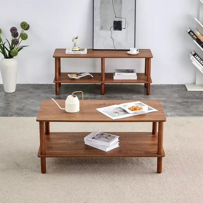 Table basse moderne à 2 niveaux pour salon, table basse rectangulaire avec étagère de rangement ouverte, en bois d'hévéa arrondi.