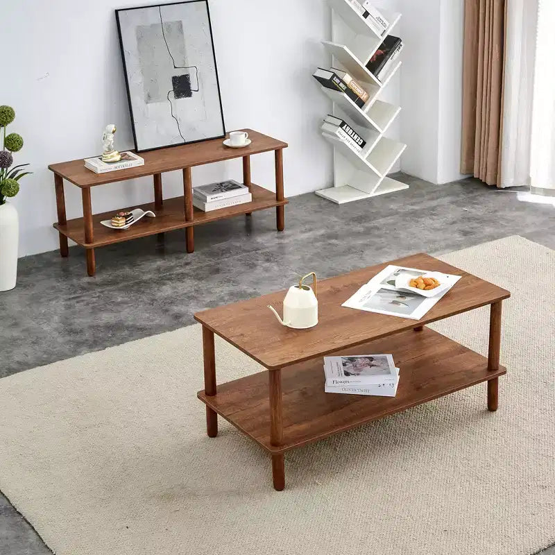 Table basse moderne à 2 niveaux pour salon, table basse rectangulaire avec étagère de rangement ouverte, en bois d'hévéa arrondi.