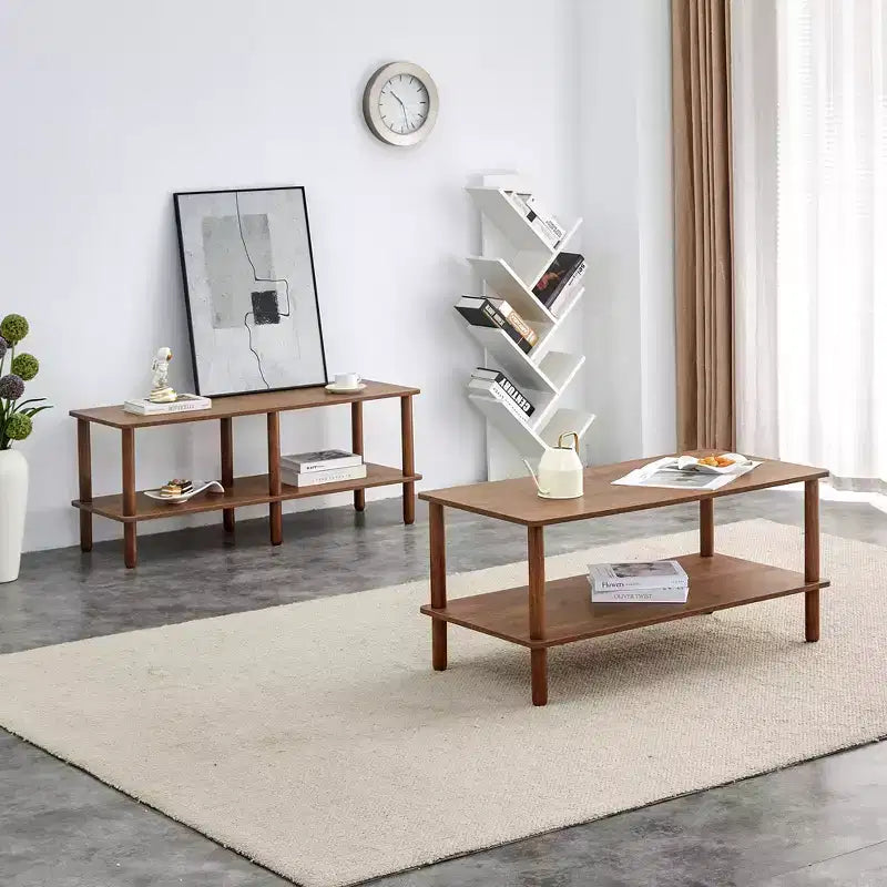 Table basse moderne à 2 niveaux pour salon, table basse rectangulaire avec étagère de rangement ouverte, en bois d'hévéa arrondi.