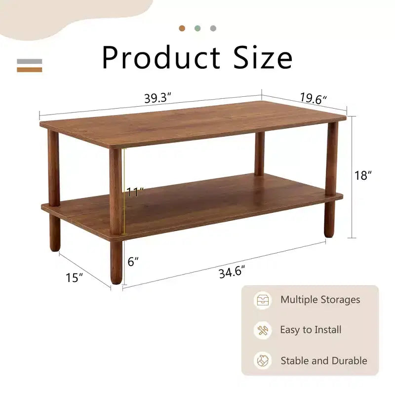 Table basse moderne à 2 niveaux pour salon, table basse rectangulaire avec étagère de rangement ouverte, en bois d'hévéa arrondi.