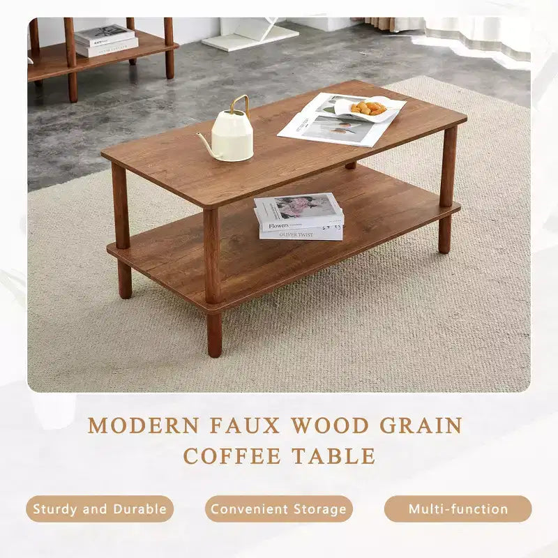 Table basse moderne à 2 niveaux pour salon, table basse rectangulaire avec étagère de rangement ouverte, en bois d'hévéa arrondi.