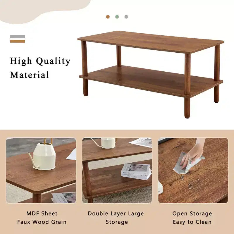 Table basse moderne à 2 niveaux pour salon, table basse rectangulaire avec étagère de rangement ouverte, en bois d'hévéa arrondi.