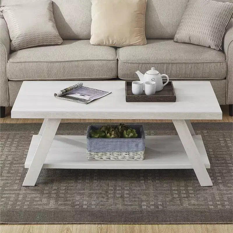 Table basse contemporaine à étagères en bois, finition blanche