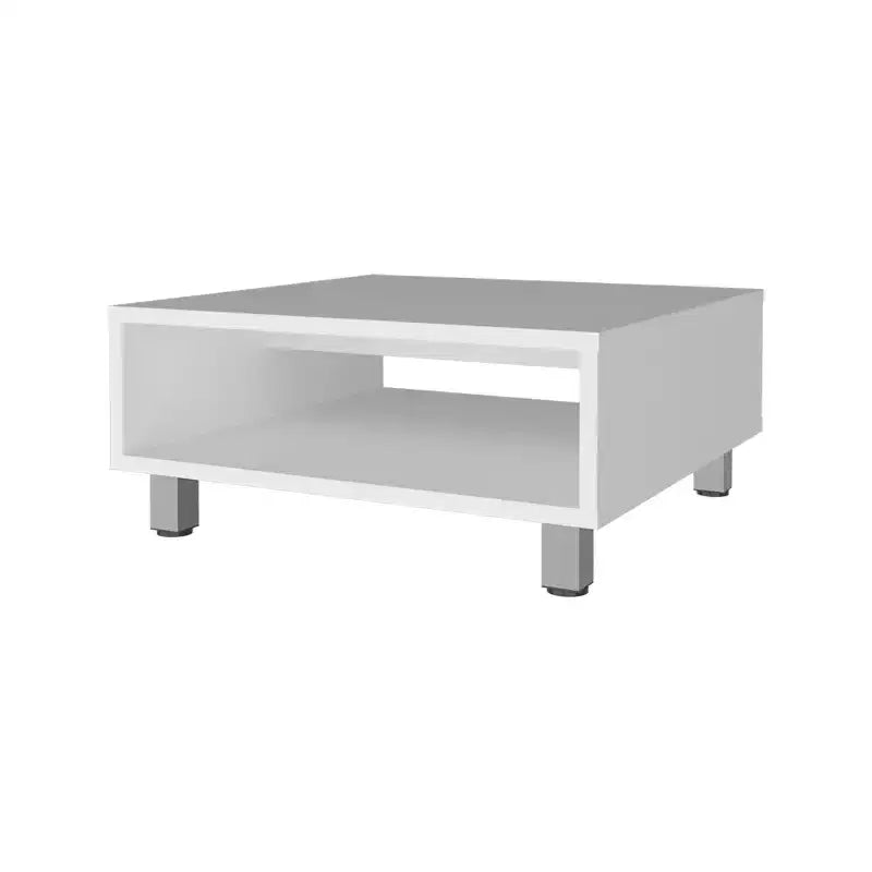 Table basse blanche avec rangements ouverts