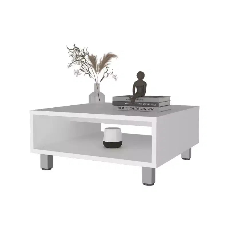 Table basse blanche avec rangements ouverts