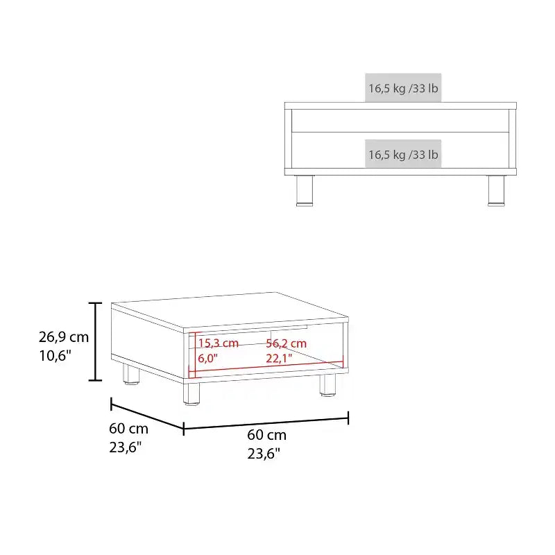 Table basse blanche avec rangements ouverts