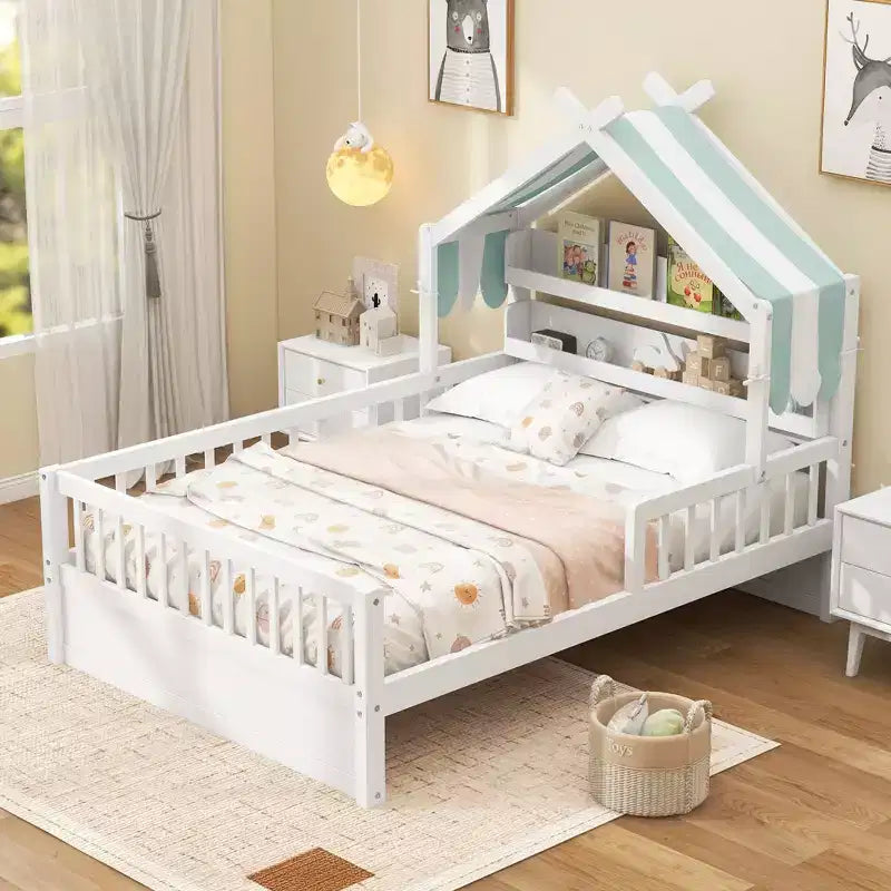 Lit cabane en bois double/complet avec tête de lit de rangement, cadre de lit pour enfants en pin massif avec barrières de sécurité