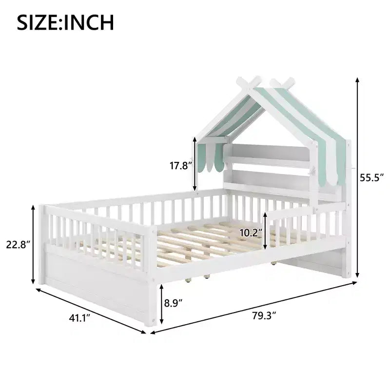 Lit cabane en bois double/complet avec tête de lit de rangement, cadre de lit pour enfants en pin massif avec barrières de sécurité