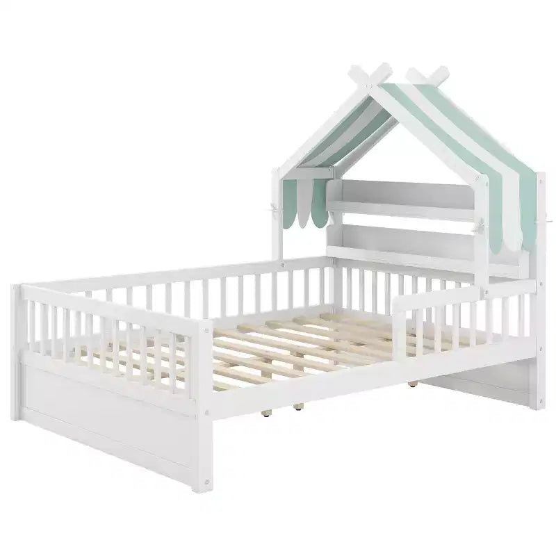 Lit cabane en bois double/complet avec tête de lit de rangement, cadre de lit pour enfants en pin massif avec barrières de sécurité
