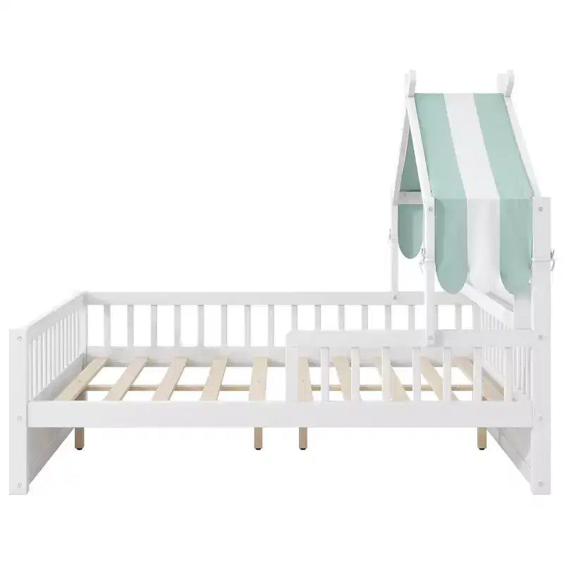 Lit cabane en bois double/complet avec tête de lit de rangement, cadre de lit pour enfants en pin massif avec barrières de sécurité