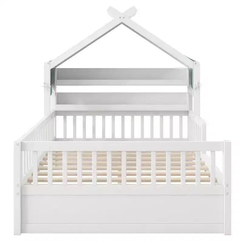 Lit cabane en bois double/complet avec tête de lit de rangement, cadre de lit pour enfants en pin massif avec barrières de sécurité