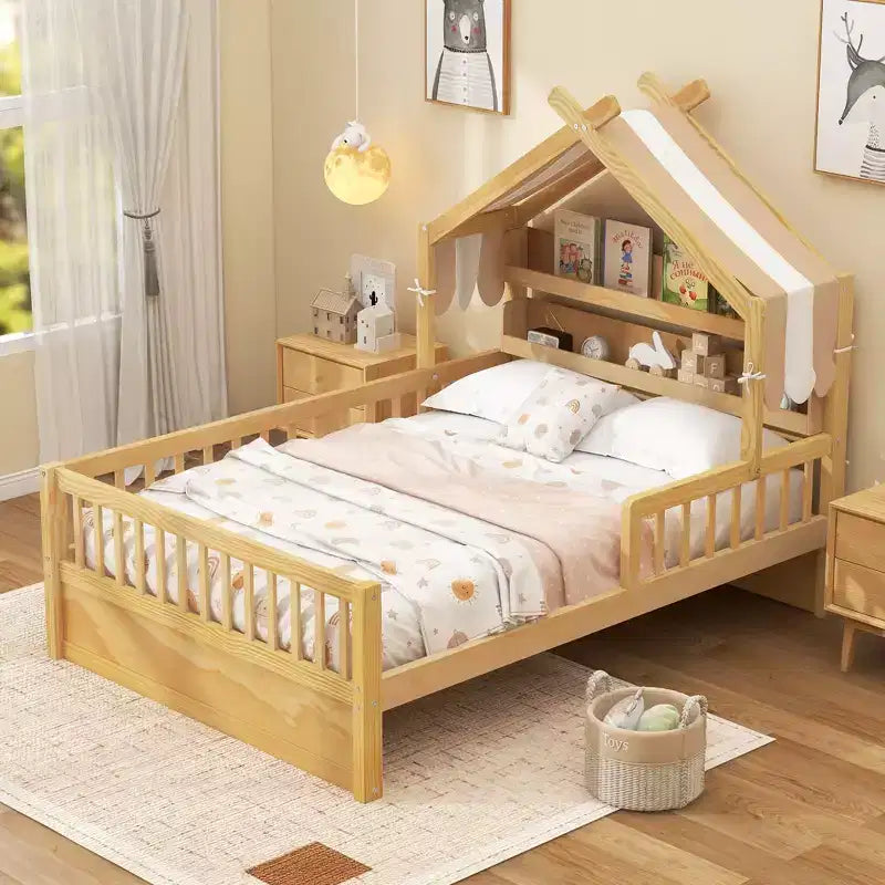 Lit cabane en bois double/complet avec tête de lit de rangement, cadre de lit pour enfants en pin massif avec barrières de sécurité