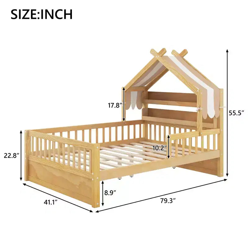 Lit cabane en bois double/complet avec tête de lit de rangement, cadre de lit pour enfants en pin massif avec barrières de sécurité