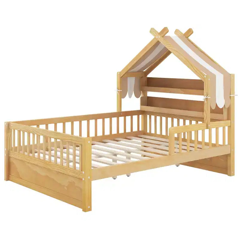 Lit cabane en bois double/complet avec tête de lit de rangement, cadre de lit pour enfants en pin massif avec barrières de sécurité