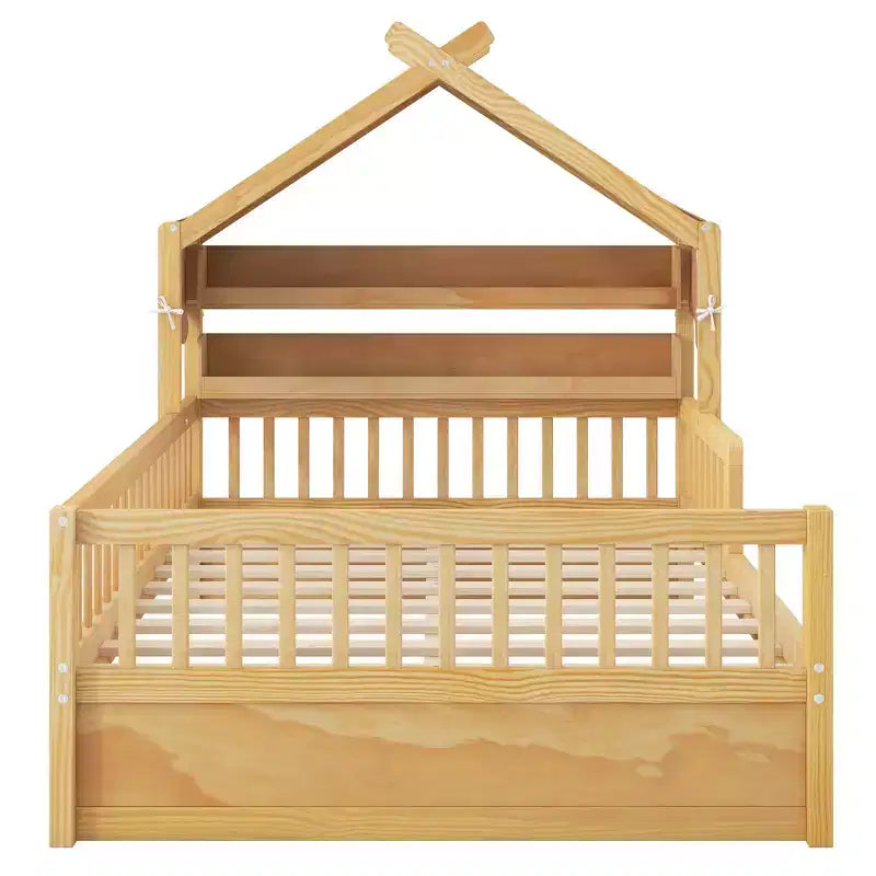 Lit cabane en bois double/complet avec tête de lit de rangement, cadre de lit pour enfants en pin massif avec barrières de sécurité