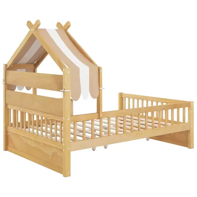 Lit cabane en bois double/complet avec tête de lit de rangement, cadre de lit pour enfants en pin massif avec barrières de sécurité