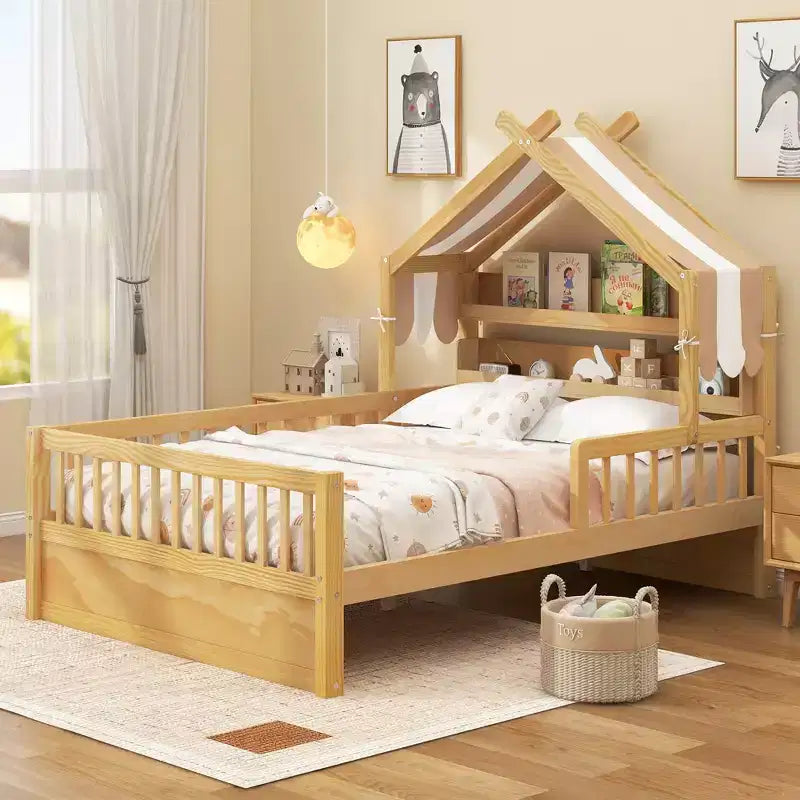 ModernLuxe Twin/Full Size Wooden House Bed with Storage Headboard, Solid Pine Kids Bed Frame with Guardrails