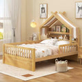ModernLuxe Twin/Full Size Wooden House Bed with Storage Headboard, Solid Pine Kids Bed Frame with Guardrails