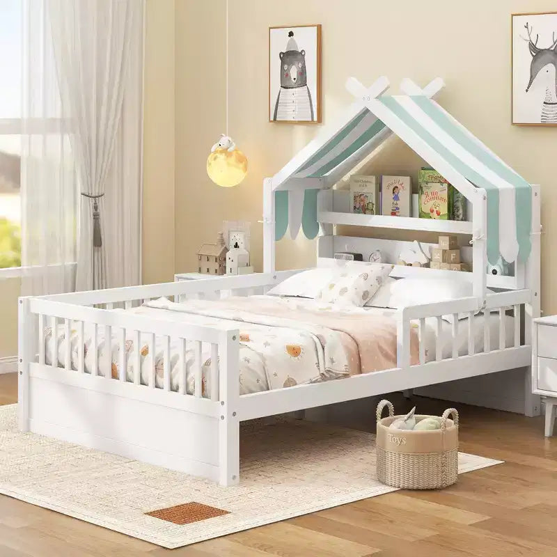 Lit cabane en bois double/complet avec tête de lit de rangement, cadre de lit pour enfants en pin massif avec barrières de sécurité