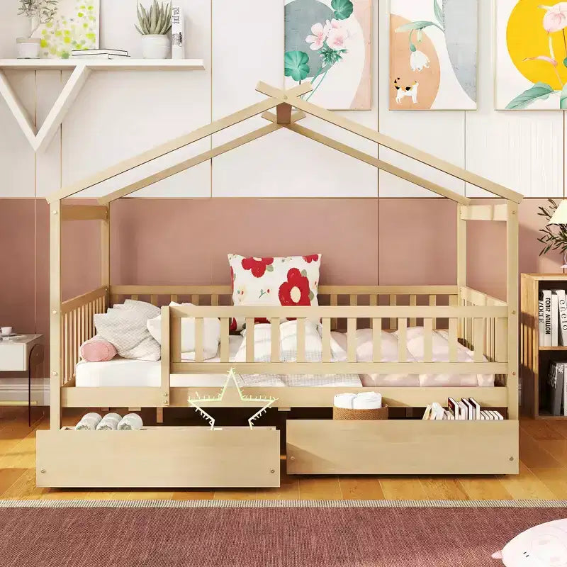 JVNOXK Kids House Bed with Whimsical Sky Roof and Spacious Storage - Solid Pine Wood Platform Bed with Headboards for Imaginative Bedrooms