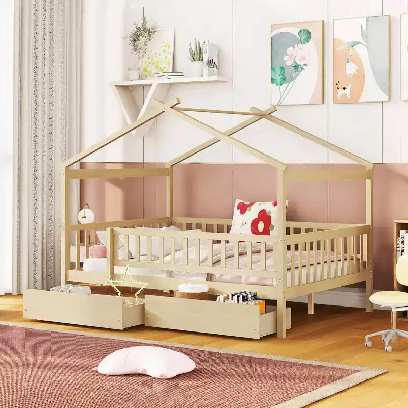 Lit cabane pour enfants avec toit fantaisiste en forme de ciel et grand espace de rangement - Lit plateforme en pin massif avec têtes de lit pour chambres imaginatives